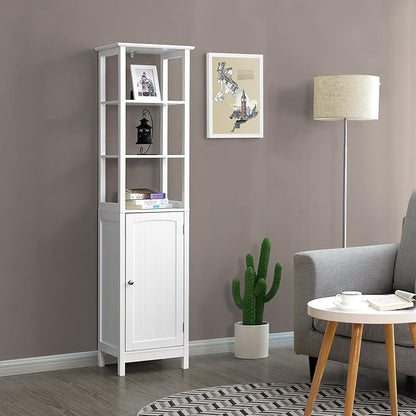 VASAGLE Storage Cabinet, Slim Linen Tower with Drawer and Door, for Living Room, Bathroom, 15.7 x 12.6 x 63 Inches, White UBBC63WT