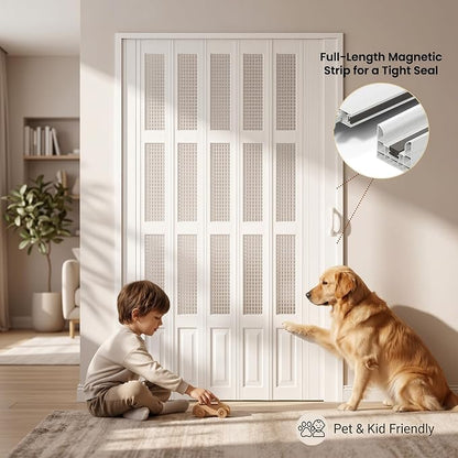 SMARTSTANDARD 32"x 80" Accordion Door with Grid Frosted Acrylic Glass,White | Double Walled PVC Folding Accordion Closet Door for Bedroom Bathroom, Save Space, Full-Side Magnetic Strip, Easy to Install
