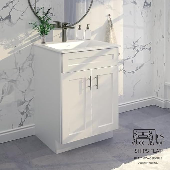 24" White Shaker Bathroom Vanity Base – Ready-to-Assemble Sink Cabinet, Freestanding Bathroom Vanity Base Only, No Top or Sink