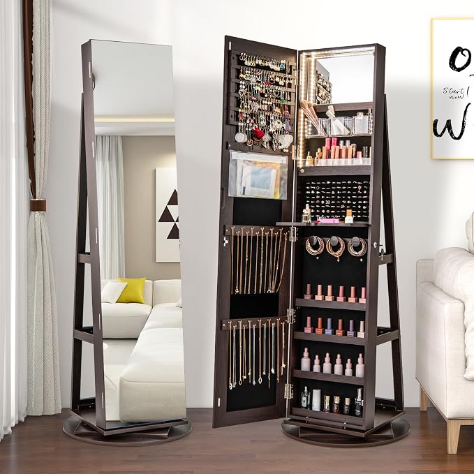 MAT EXPERT 360° Rotating Jewelry Armoire, Lockable Freestanding Jewelry Organizer w/Full-length Mirror, 3-Color LED Lights, Rear Storage Shelves, Mirror Jewelry Cabinet for Bedroom (Espresso)