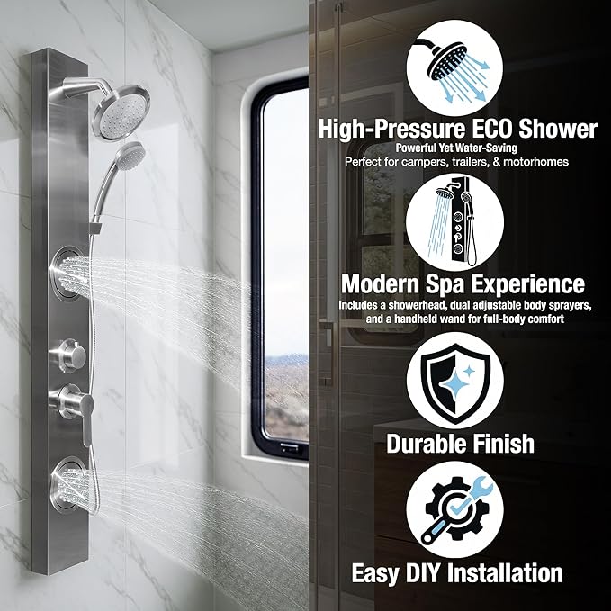 Dura Faucet (DF-SA914-SN) Premium RV Shower Panel Column – Satin Nickel, 4 Spray Options with Adjustable Body Sprayers, Overhead Shower & Handheld Wand – Water-Saving, Easy Install RV Shower System