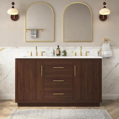60"Bathroom Vanity with Double Sink,Ceramic Sink Vanity with Engineered Stone Countertop,Wood Frame Bathroom Storage Cabinet No Installation Required& Soft Closing Drawers, Light Walnut