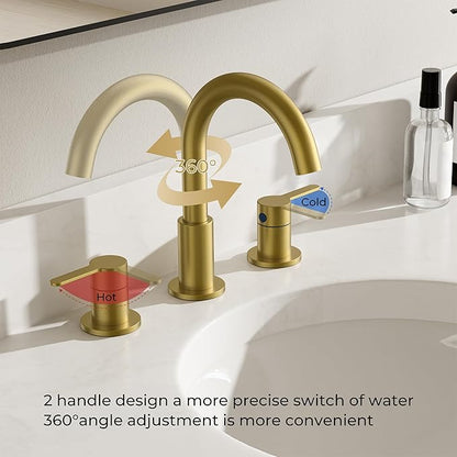 QFN Bathroom Faucets 3 Hole Brushed Gold, 8 Inch Widespread Vanity Sink Faucet with Aerator, 2 Handle 360° Swivel High Arc Spout, Spot-Free Finish, cUPC NSF Certified and CEC & DOE Compliant