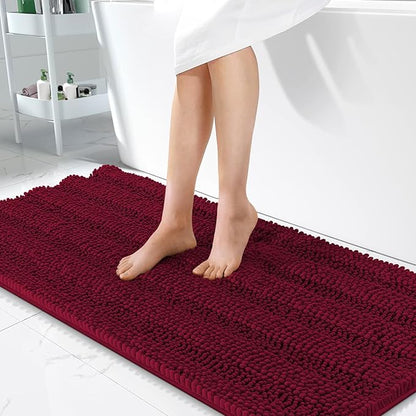 OLANLY Thick Bathroom Runner Rugs 47x24, Soft Chenille Bath Rugs, Burgundy | Absorbent Striped, Rubber Backing, Machine Wash, Long Bath Mats for Bathroom Floor, Tub and Shower, Home Decor Accessories