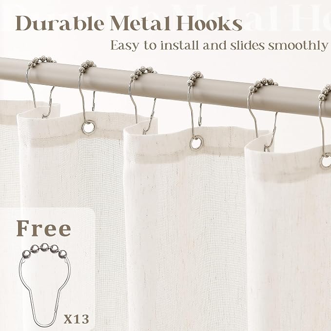 Cream Linen Shower Curtain for Bathroom Water Repellent 72x108 Inch | Extra Long, Extra Tall, Large, Shower Curtains 108 Inches Long, Hotel, Luxury Neutral, Ivory, Fabric Drapes, with Hooks Set