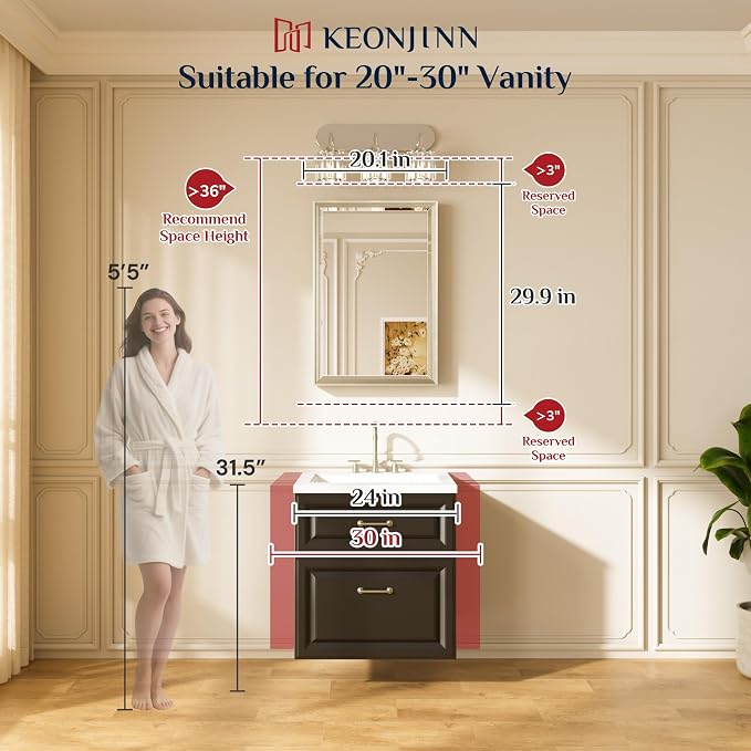 Keonjinn 20" x 30" Gold Bathroom Mirror for Over Sink, Aluminum Alloy Frame | Safe Tempered Glass, Effortless French Cleat Installation, Shatterproof, Rectangle Transitional Gold Vanity Mirror for Wall
