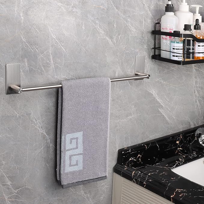 NearMoon Self Adhesive Bathroom Towel Bar- Stainless Steel Bath Wall Shelf Rack Hanging Towel Stick On Sticky Hanger Contemporary Style, NO Drilling (2 Pack, Brushed Nickel, 16-Inch Towel Rack)