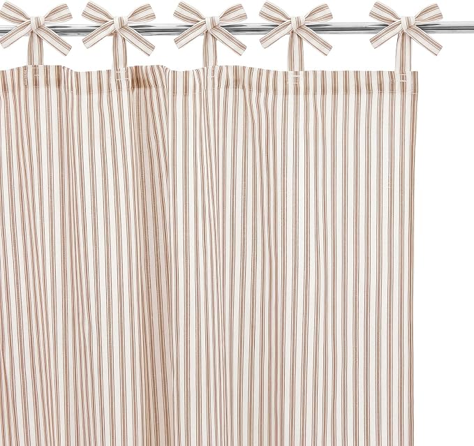 Mindsoft Stripe Cotton Toile Shower Curtain Ticking Stripes Woven Print Curtain Bathroom Decor for Traditional Contemporary Style Kitchen Bath (Brown and White,72 x 72 Inches,Stripe& Bow Knot Ties)