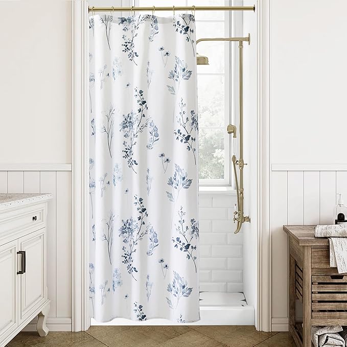 Navy Blue Small Stall Shower Curtain,Waterproof Fabric Dark Blue and White Nautical Theme Ocean Shower Curtains for Bathroom Set with Hooks 36X72