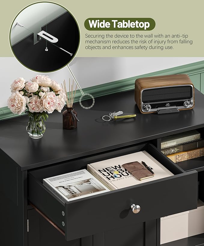 Black Bathroom Floor Cabinet with Large Drawer, Floor Storage Cabinet with Doors & Adjustable Shelves, Modern Storage Cupboard with 3 Open Shelves for Kitchen, Living Room, Entryway