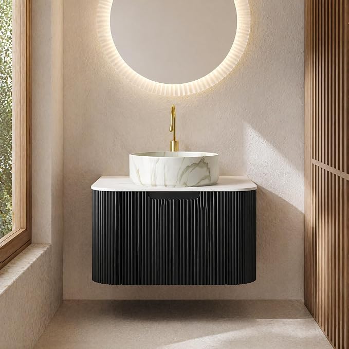 24 Inch Bathroom Vanity with Sink, Floating Wall Mounted Single Sink Vanity for Small Baths, Black Curved Fluted Front, Stone Top, Marble-Look Round Vessel Basin, Pre-Assembled
