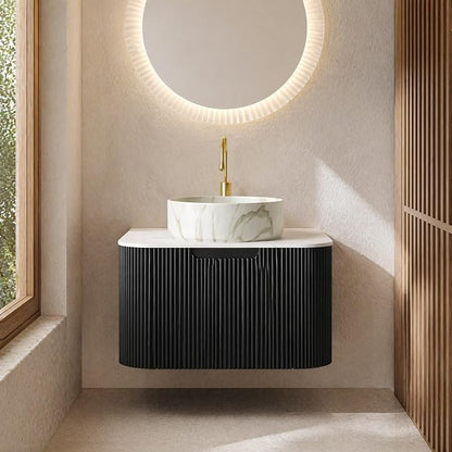 24 Inch Bathroom Vanity with Sink, Floating Wall Mounted Single Sink Vanity for Small Baths, Black Curved Fluted Front, Stone Top, Marble-Look Round Vessel Basin, Pre-Assembled