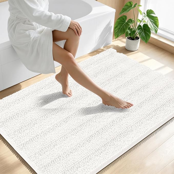 Smiry Thick Chenille Large Bathroom Runner Rugs 40x32, Soft Bath Mat, Ivory | Quick‑Dry & Machine Washable, Non‑Slip Bath Carpet, Striped Bath Rugs for Tub & Shower, Modern Home Decor Accessories