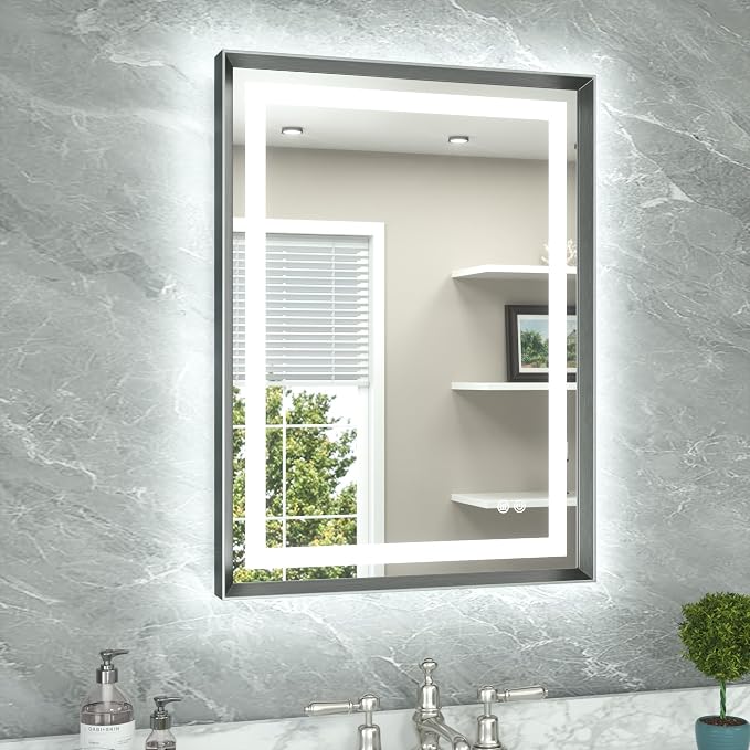 24 x 32 Led Mirror Brushed Gunmetal Gray/Off‑Black Metal Frame Frontlit & Backlit Vanity Mirror Anti-Fog Stepless Dimmable 3 Colors White/Warm/Natural Wall Mirror with Lights Wall-Mounted