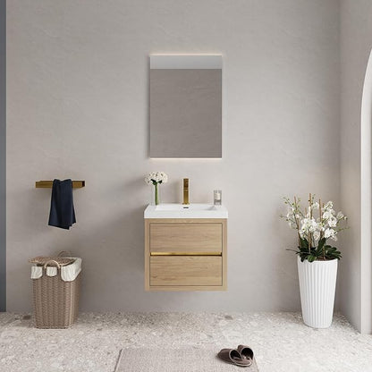 Abruzzo 24" Natural Oak Wall-Mounted Bathroom Vanity with Sink – Stone Resin Countertop & Soft-Close Drawers, Waterproof Wood Cabinet for Small Bathrooms