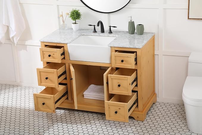 48" Pre-Assembled Bathroom Vanity with Sink, Solid Birch and MDF, Carrara White Marble Countertop Attached, Single Rectangle Porcelain Sink, 6 Soft-Close Drawers, Natural Wood