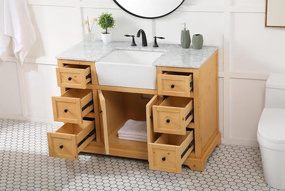 48" Pre-Assembled Bathroom Vanity with Sink, Solid Birch and MDF, Carrara White Marble Countertop Attached, Single Rectangle Porcelain Sink, 6 Soft-Close Drawers, Natural Wood
