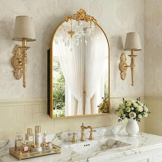 Casaphoria 36" H x 24" W Arched Bathroom Medicine Cabinet with Mirror, Metal Frame Wall Mirror Cabinet,Wall Medicine Cabinets Mirrors, Gold
