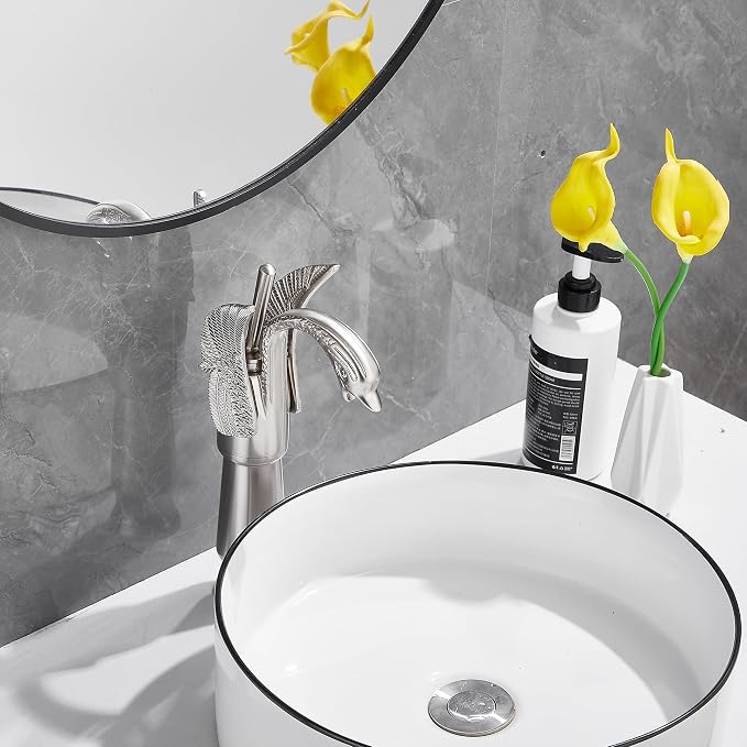 Brushed Nickel Swan Shape Single Handle 1Hole Bathroom Vessel Sink Faucet Deck Mount Lavatory Sink Faucet