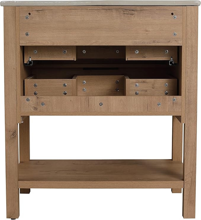 Free Standing Bathroom Vanity with Sink Modern 30" Bathroom Vanity with Top Basin&Storage Drawers Oak Wood Bath Vanity w/White Ceramic Sink for Small Bathroom Powder Room