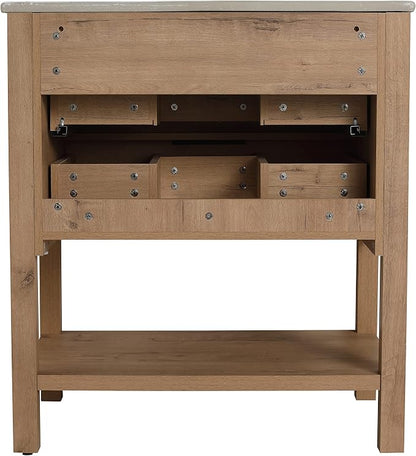 Free Standing Bathroom Vanity with Sink Modern 30" Bathroom Vanity with Top Basin&Storage Drawers Oak Wood Bath Vanity w/White Ceramic Sink for Small Bathroom Powder Room