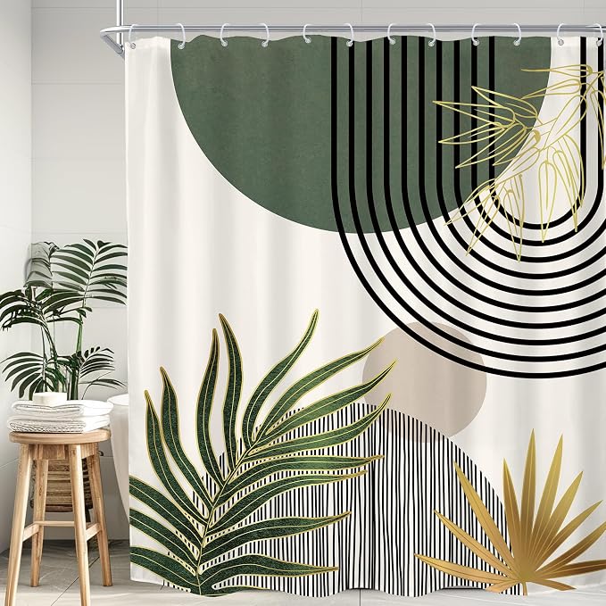 KOMLLEX Mid Century Green Boho Abstract Modern Bathroom Shower Curtain Set | 72Wx84L Gold Plant design, waterproof HD print with fast-drying fabric and 12 hooks.