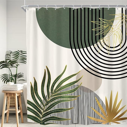 KOMLLEX Mid Century Green Boho Abstract Modern Bathroom Shower Curtain Set | 72Wx84L Gold Plant design, waterproof HD print with fast-drying fabric and 12 hooks.