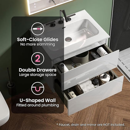 24" Bathroom Vanity with Sink, Modern Floating Vanity with Double Soft Closing Drawers, Large Storage for Small Space, Glossy White, Fully Assembled - Iris Collection