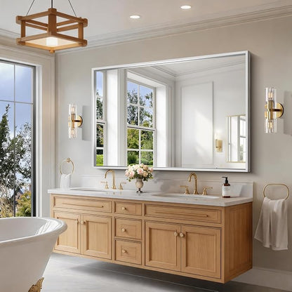 CIRCUMI 60"x40" Brushed Silver Bathroom Mirror, Double Sink Vanity Mirror | Chunky Box Metal Frame, Shatterproof, Tempered Glass, Bathroom Remodel&New Home, Large Rectangular Mirror for Living Room