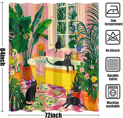 Accnicc Boho Cat Shower Curtain for Bathroom 72 X 84 Inches | Cute Funny Black Cats Matisse Extra Long Shower Curtains, Tropical Plant Bathroom Decor, Water-Resistant Washable Polyester