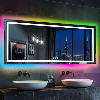 Antok 60x28 LED Bathroom Mirror with Lights, Backlit + Front Lit Vanity Mirror with CRI>90, Dimmable Anti-Fog Smart Mirror with Memory Function, 11 Color Temperatures, Shatterproof Tempered Glass, ETL
