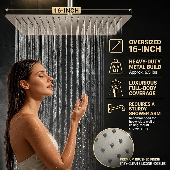 16 Inch Rain Shower Head,Rainfall Showerhead for Bathroom | All Metal 304 Stainless Steel with 324 Silicone Nozzel, Full Body Coverage,Ceiling Mount,Brushed Nickel