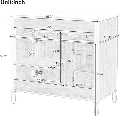36" Modern Bathroom Vanity with Ceramic Sink, Tilt-Out Drawer & 2 Drawers, Solid Wood Frame Freestanding Storage Cabinet w/2 Soft-Close Doors & Adjustable Shelf, Rubberwood Handles, Wood