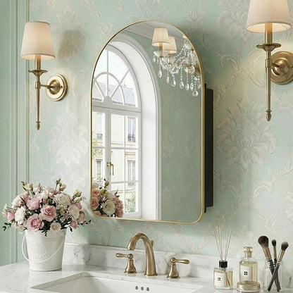 Casaphoria 24" H x 16" W Arched Wall Medicine Cabinets Mirrors, Bathroom Medicine Cabinet with Mirror, Metal Frame Wall Mirror Cabinet, Gold-G