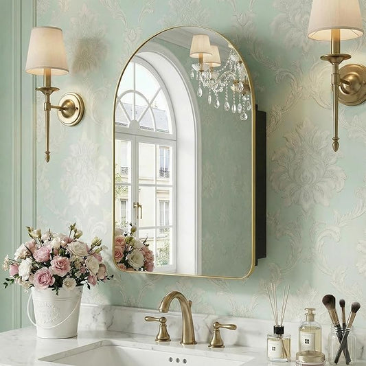 Casaphoria 24" H x 16" W Arched Wall Medicine Cabinets Mirrors, Bathroom Medicine Cabinet with Mirror, Metal Frame Wall Mirror Cabinet, Gold-G