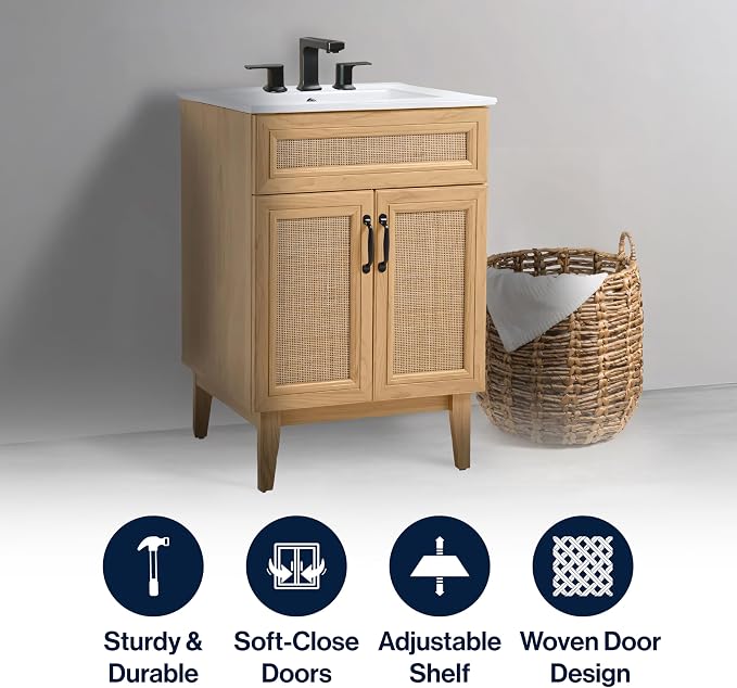 JONATHAN Y Javer Bohemian Rattan Freestanding Bath Vanity, 24", Oak | 18" Deep, 33" High, Double Soft-Close Doors, Caned Paneling, 2-Shelf Storage, Basin Not Included, Modern Farmhouse Style