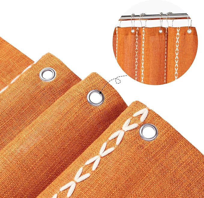 Farmhouse Tassel Linen Shower Curtain,3D Embroidery Stripe Orange,72x96 | Extra Long Xl,310GSM Boho Heavy Duty Cloth,Water Repellent,Wrinkle Resistant,Vintage Farmhouse Rustic,12 Plastic Hooks