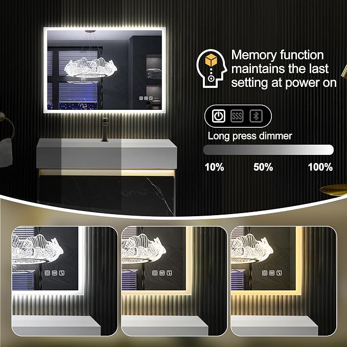 SBAGNO 24''x32'' LED Bathroom Mirror with Lights, Bathroom Vanity Wall Mirror with Bluetooth, Anti-Fog, Stepless Dimmable, 3 Colors, Tempered Glass Lighted Vanity Smart Mirror for Bathroom