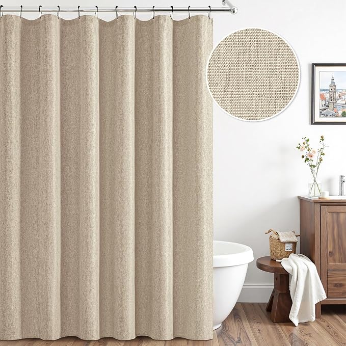 ANRODUO Copper Brown Extra Long Linen Fabric Shower Curtain Set - W72xL108 | Farmhouse Shower Curtain with 12 Metal Hooks, Waterproof Heavy Duty, Button Hole Design, Machine Washable for Bathroom