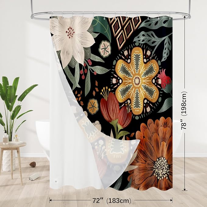 3 in 1 Boho Floral Shower Curtain Set with PEVA Liner & 12 Hooks, 72 x 78 | Boho Tropical Botanical Style, Farmhouse Floral Fabric, Modern Hotel Inspired, Water‑Repellent, Machine Washable