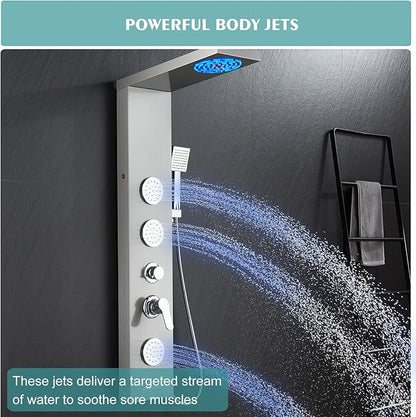 Shower Panel Tower System for Bathroom - 5 In 1 Full Body Shower Tower With Led, Rainfall Shower Head With Powerful Body Jets, Handheld Shower and Tub Spout, Brushed Finish