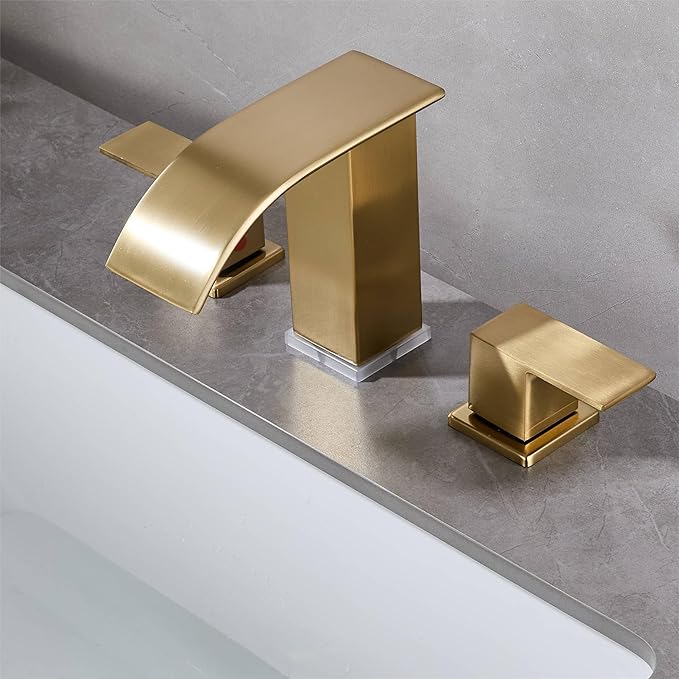 Brushed Gold Bathroom Faucet 3 Hole Widespread Waterfall Vanity Faucet for Bathroom Sink, Modern Touch on Two Handle Gold Faucet (Brushed Gold)