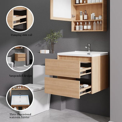 Wood Grain Floating Bathroom Vanity with Sink, 23x18 Inch Wall Mounted Bathroom Cabinet with 2 Drawers, Modern Single Sink Vanity for Small Bathroom, Space-Saving Storage Cabinet