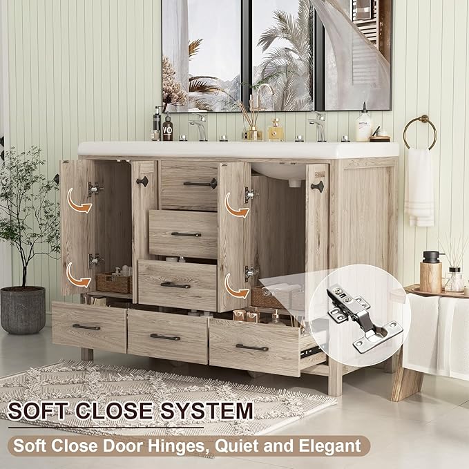 Bathroom Vanity with Sink Combo, 48" Modern Bathroom Storage Cabinet with Double Sink Ceramic, 4 Doors and 5 Drawers, Space-Saving Storage Cabinet, Light Gray Wood
