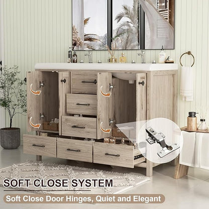 48" Bathroom Vanity with Sink Combo, Modern Bathroom Storage Cabinet with Double Sink Ceramic, 4 Doors and 5 Drawers, Space-Saving Storage Cabinet, Light Gray Wood