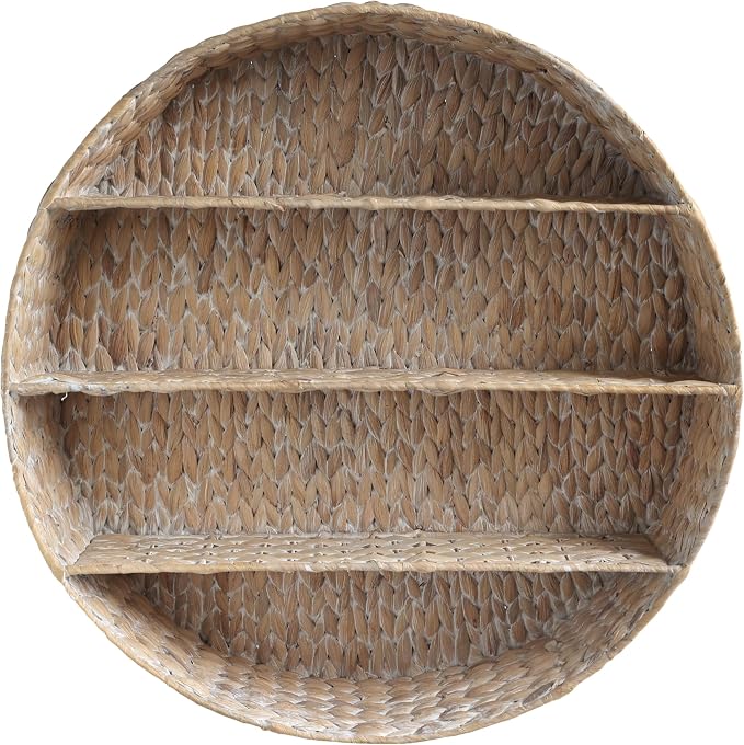 happimess Annulus 3-Shelf Circular Hyacinth Wall Rack 24.6", White Wash | Bohemian Coastal Decor For Entryway Bathroom Bedroom Living Room, Iron Frame, 22 Pounds Weight Capacity, Handwoven Artisanal
