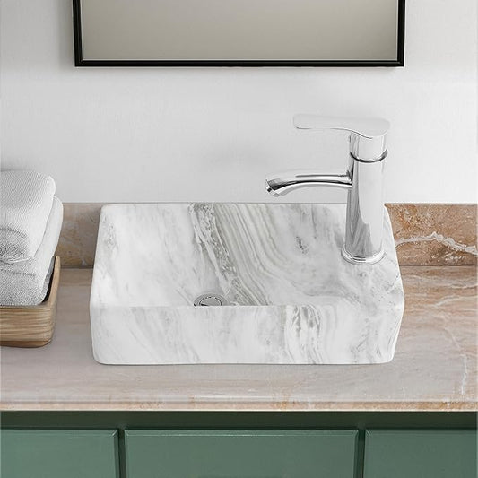 JONATHAN Y SNK1004B-R Felix 15 in. W x 8 in. D Modern Wall Mounted Rectangular Ceramic Mini Sink Basin, Right-Side Faucet, Gray Marble Effect