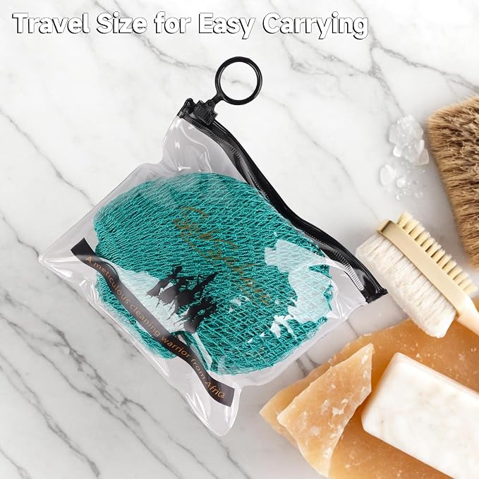 Authentic African Net Sponge,2 Pack 45-Inch Exfoliating Bath Sponge and Shower Loofah for Body and Back,Colorfast Quick-Dry Knotted Mesh Scrubber with Travel Pouch (Dark Blue & Forest Green)