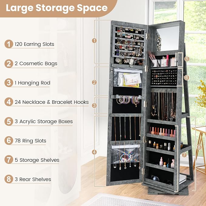 GOFLAME 360° Rotating Jewelry Armoire, Lockable Jewelry Cabinet with Full-Length Mirror & Inner Makeup Mirror, Standing Jewelry Storage Organizer with Rear Storage Shelves, Stone Gray