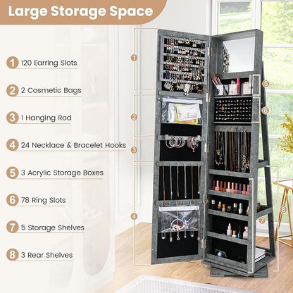 GOFLAME 360° Rotating Jewelry Armoire, Lockable Jewelry Cabinet with Full-Length Mirror & Inner Makeup Mirror, Standing Jewelry Storage Organizer with Rear Storage Shelves, Stone Gray